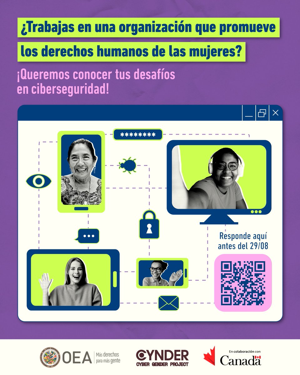 Comisión Interamericana de Mujeres (CIM) (@cimoea) on Twitter photo Desde la <a href="/CIMOEA/">Comisión Interamericana de Mujeres (CIM)</a> y <a href="/OEA_CICTE/">CICTE</a> lanzamos una iniciativa para fortalecer las capacidades en #Ciberseguridad de quienes defienden los derechos de las mujeres en la región.
Si formas parte de una organización de mujeres, tu experiencia es clave.
Responde: es.surveymonkey.com/r/M3ZZKST Desde la <a href="/CIMOEA/">Comisión Interamericana de Mujeres (CIM)</a> y <a href="/OEA_CICTE/">CICTE</a> lanzamos una iniciativa para fortalecer las capacidades en #Ciberseguridad de quienes defienden los derechos de las mujeres en la región.
Si formas parte de una organización de mujeres, tu experiencia es clave.
Responde: es.surveymonkey.com/r/M3ZZKST