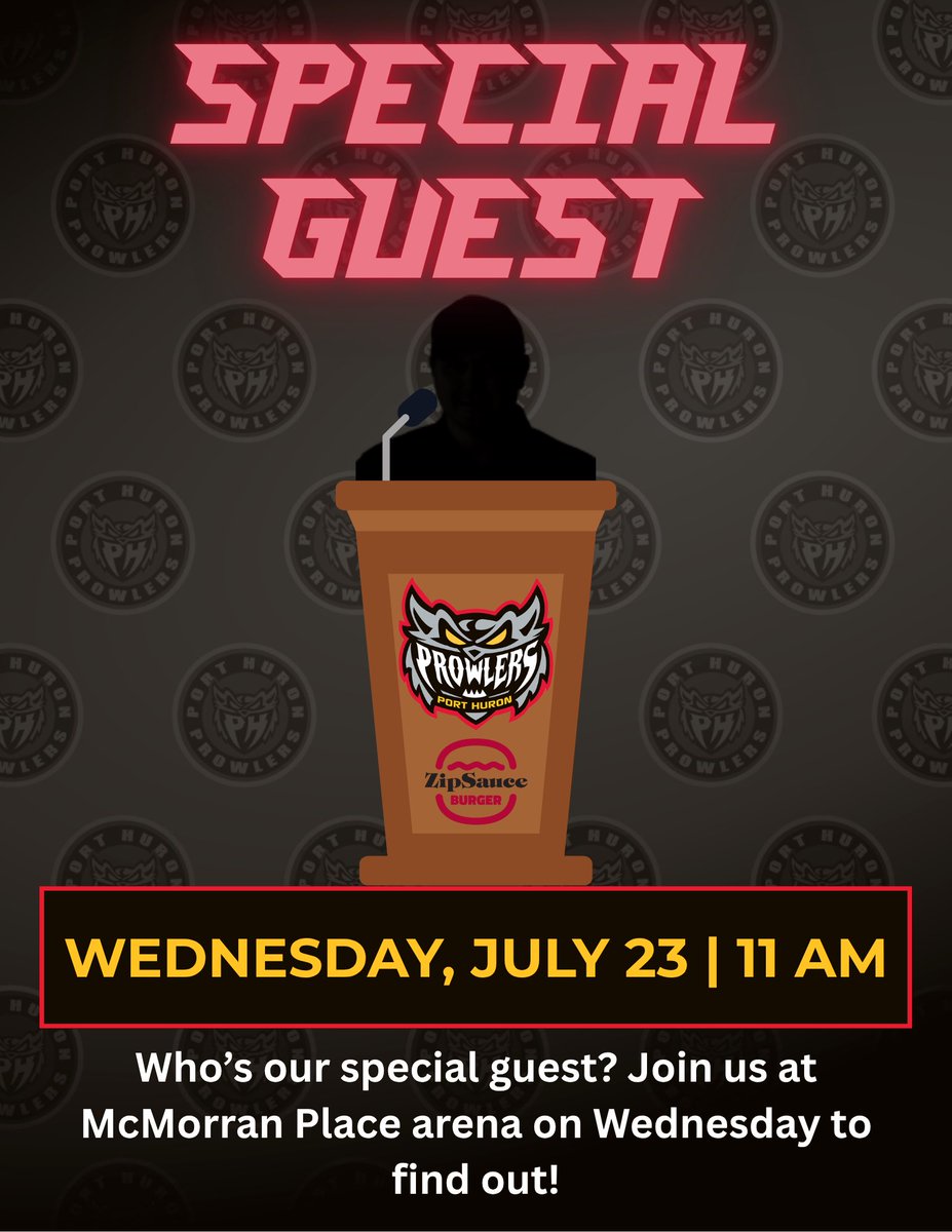 x-Port Huron Prowlers (@phprowlers) on Twitter photo We’ll be introducing a special guest at our press conference on Wednesday at <a href="/McMorranPlace/">McMorran Place</a> arena! You won’t want to miss it! #ScratchEmUp We’ll be introducing a special guest at our press conference on Wednesday at <a href="/McMorranPlace/">McMorran Place</a> arena! You won’t want to miss it! #ScratchEmUp