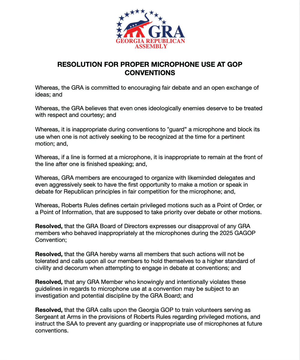 GARepAssembly's tweet image. The GRA Board unanimously passed yet another resolution, this one addresses the abuse of the microphones at the recent GA GOP State Convention:
#gapol