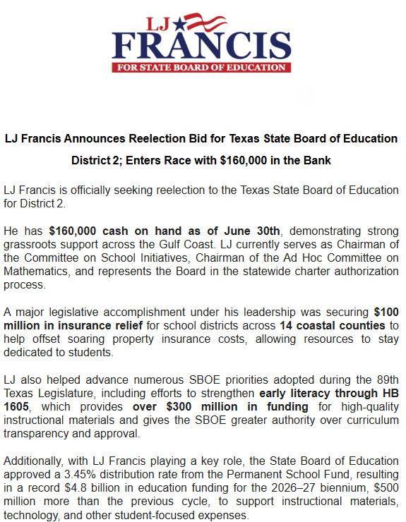 bradj_TX's tweet image. Inbox: @LjforTexas announces 2026 re-election bid to his SBOE district, has $160k COH.