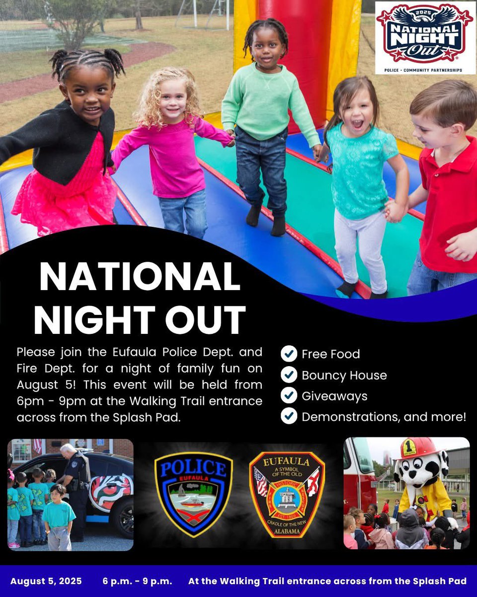 EufaulaCS's tweet image. Please join the Eufaula Alabama Police Department and Eufaula Fire Department Eufaula Alabama for National Night Out! 🎉
#NationalNightOut #CommunityStrong