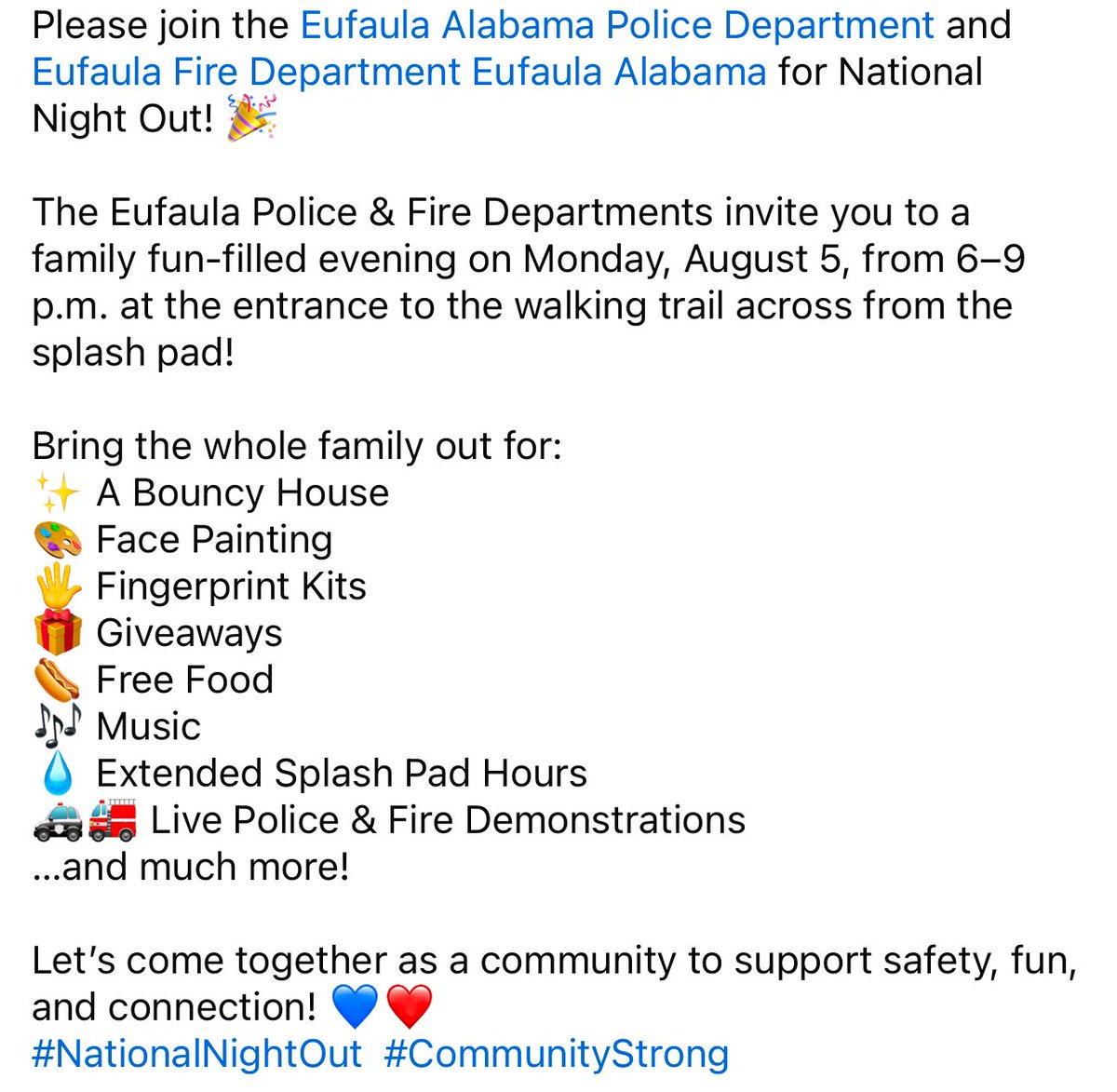 EufaulaCS's tweet image. Please join the Eufaula Alabama Police Department and Eufaula Fire Department Eufaula Alabama for National Night Out! 🎉
#NationalNightOut #CommunityStrong