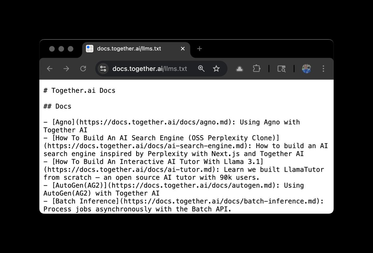 togethercompute's tweet image. We made it easier for LLMs & code editors to use Together AI!
You can now get our llms.txt: docs.together.ai/llms.txt
This lets LLMs/code editors know the structure of our docs when working with our APIs.