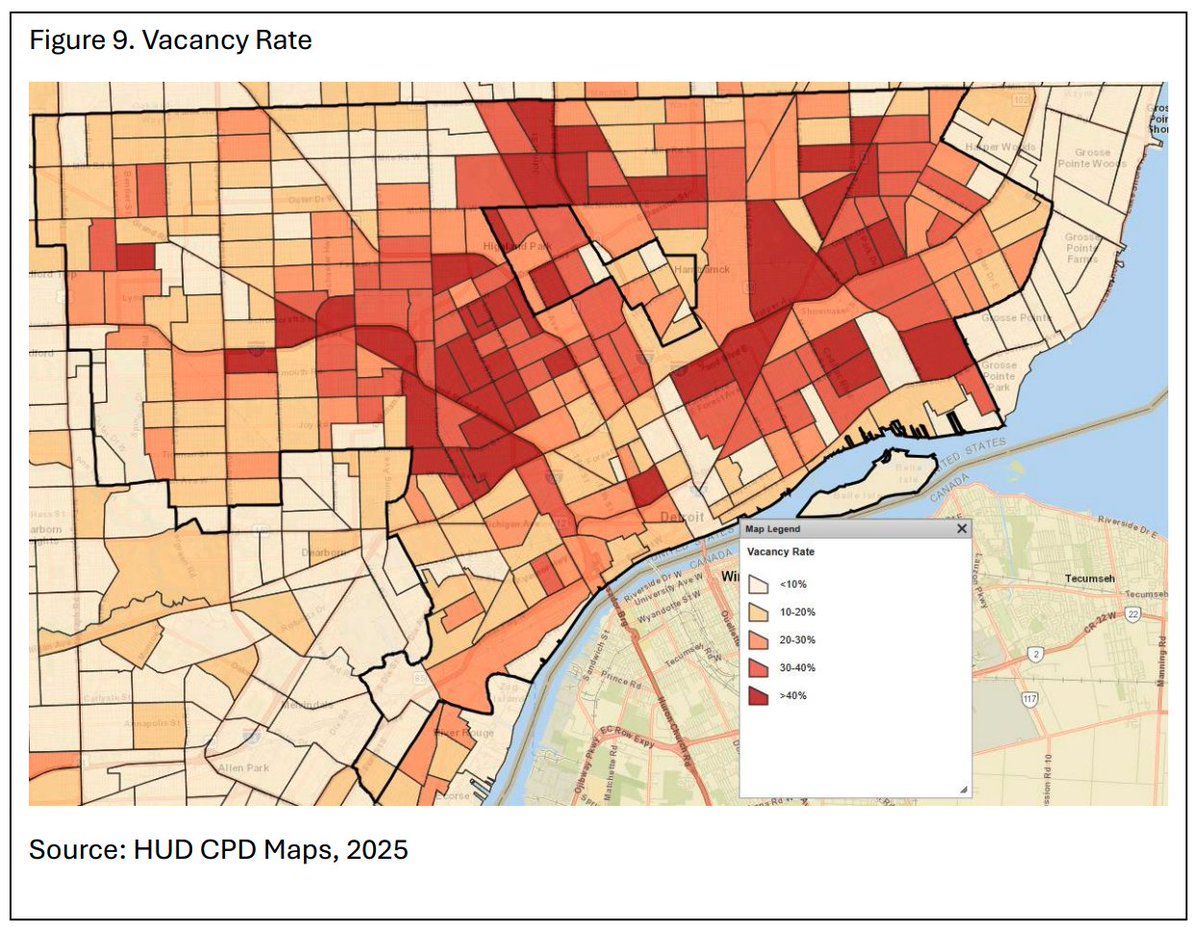 PolarBarrett's tweet image. City report shows there are 87,699 vacant housing units in the city, which accounts for a quarter of the entire housing stock.
"Detroit has enough housing units to serve its residents, but a problem lies in not having enough decent, safe, and affordable housing for residents."