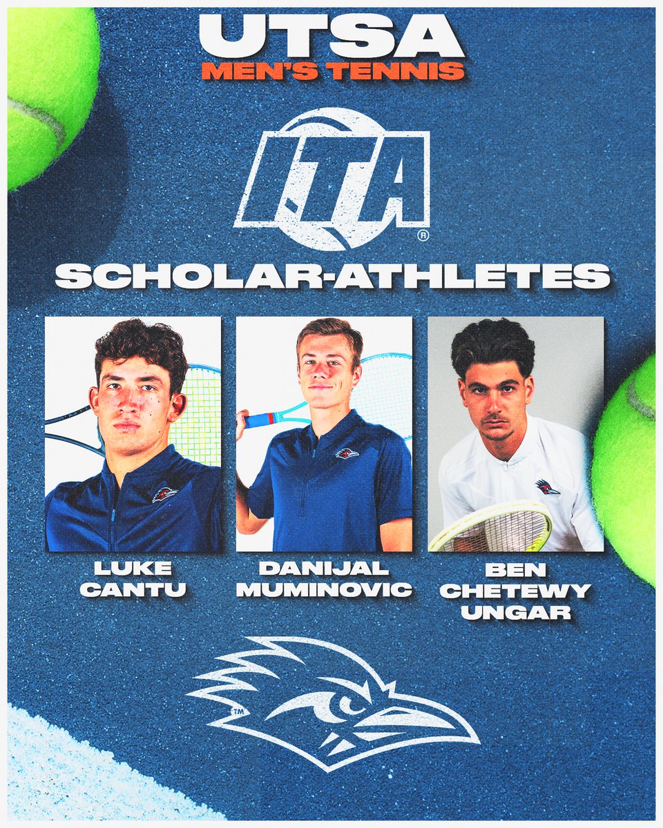 UTSAMT's tweet image. Congratulations to Danijal Muminovic, Ben Chetewy Ungar and Luke Cantu on earning @ITA_Tennis Scholar-Athlete honors!
As a squad, the 2024-25 Roadrunners garnered All-Academic Team accolades as well with a team 3.34 GPA!
📰 utsa.pro/4m3e5tV
#BirdsUp🤙 | #LetsGo210