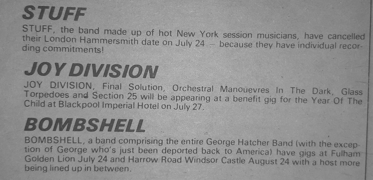 SoundsClips's tweet image. News of Joy Division's gig at Blackpool in Sounds 21st, July 1979.
@joydivision