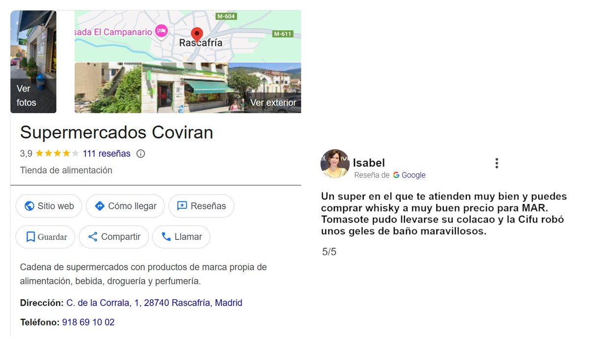 Isabel Díaz Ayuso, Presidenta cuqui fake ⚪ (@idiazaquso) on Twitter photo He puesto una reseña en el Covirán de Rascafría.
#lachocitadeayuso He puesto una reseña en el Covirán de Rascafría.
#lachocitadeayuso