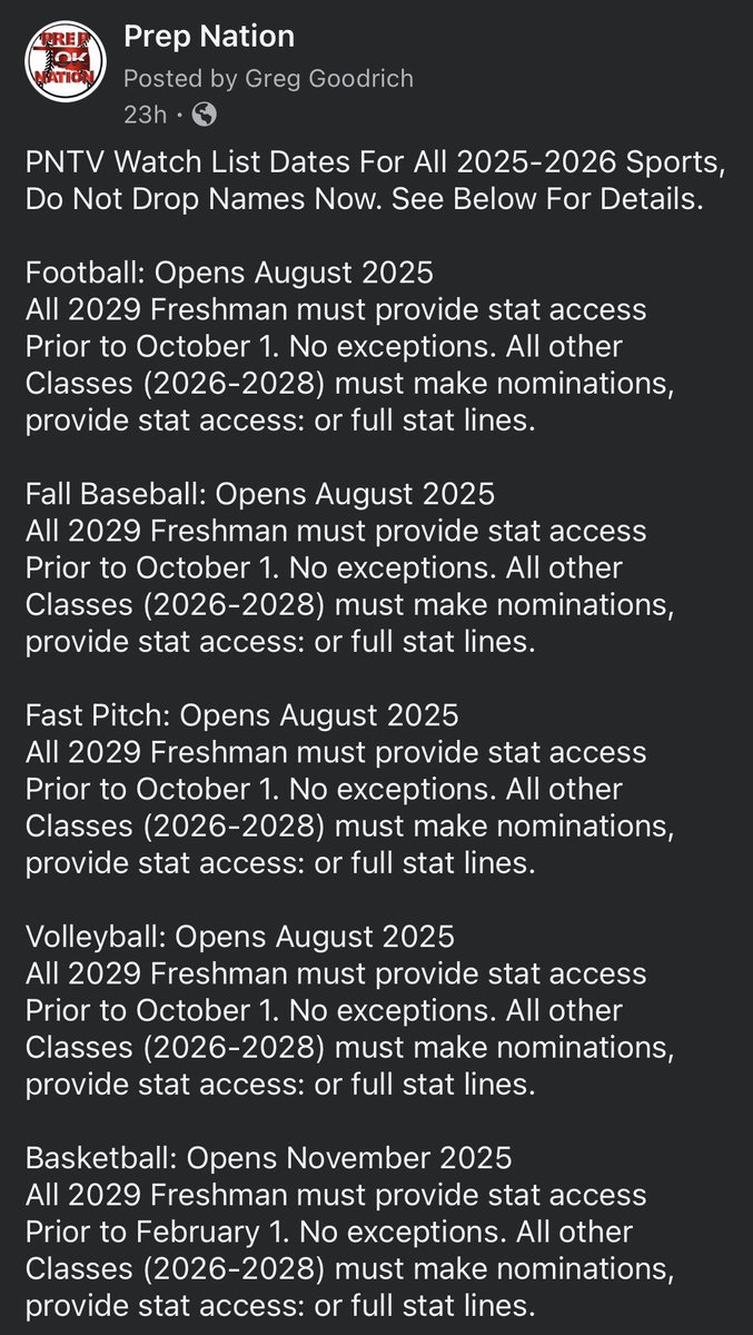 PrepNation_TV's tweet image. #OKPrepStars: Nomination Requirements
and Player Stat Deadlines for 2025-2026
All State + POY Awards.
Football: Oct. 1
Fall Baseball: Oct. 1
Fast Pitch: Oct. 1
Volleyball: Oct. 1
Basketball: Feb. 1
Wrestling: Mar. 1
Slow Pitch: April 1
Spring Baseball: April 1
Track/Field: May 1