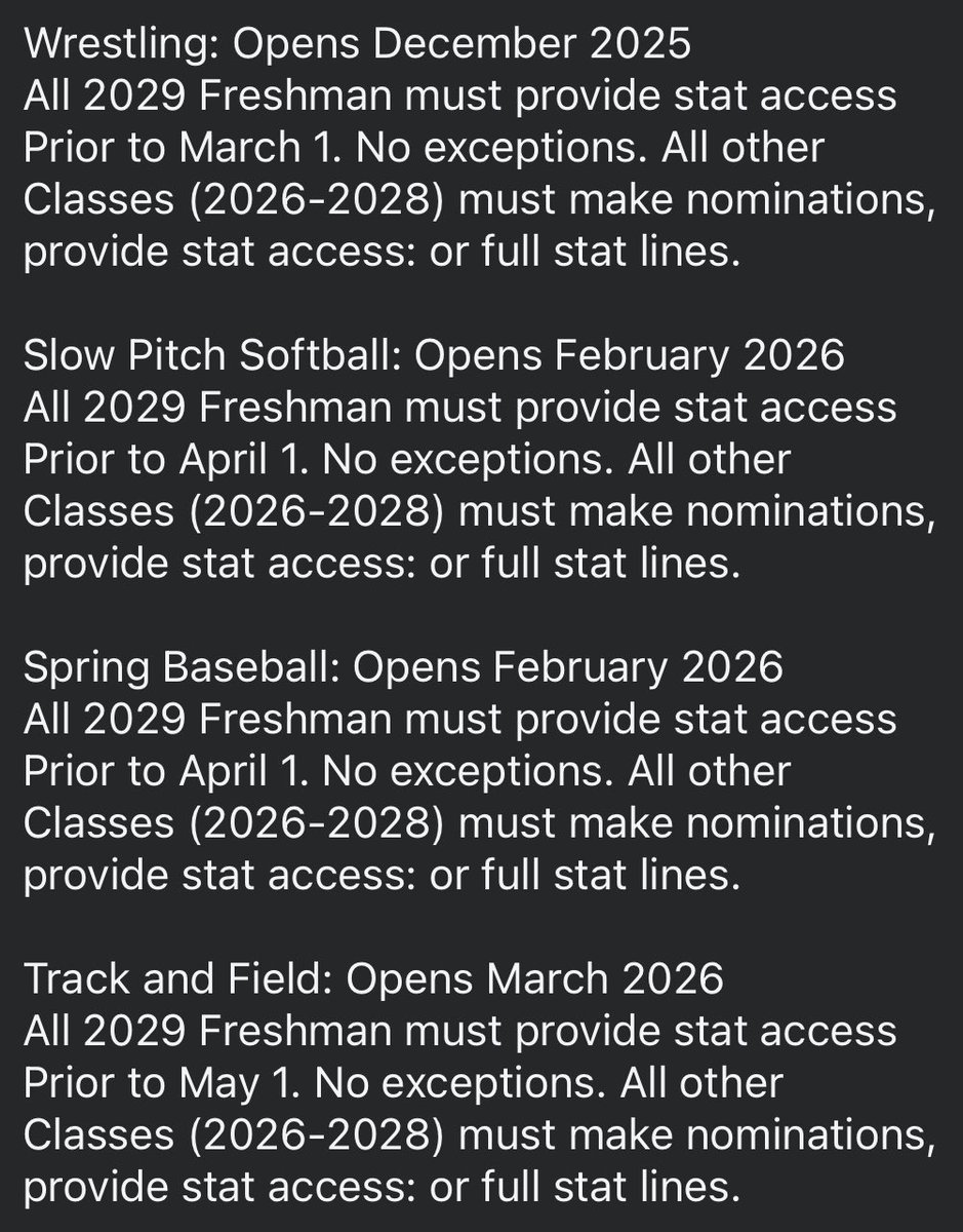 PrepNation_TV's tweet image. #OKPrepStars: Nomination Requirements
and Player Stat Deadlines for 2025-2026
All State + POY Awards.
Football: Oct. 1
Fall Baseball: Oct. 1
Fast Pitch: Oct. 1
Volleyball: Oct. 1
Basketball: Feb. 1
Wrestling: Mar. 1
Slow Pitch: April 1
Spring Baseball: April 1
Track/Field: May 1