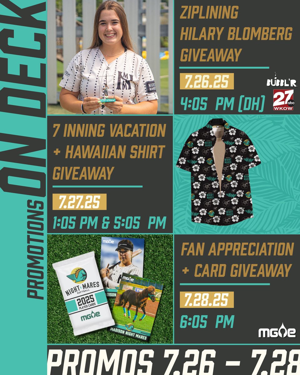 NightMares_SB's tweet image. The FINAL countdown 😎
Promos on Deck:
July 26th - Ziplining Hilary Blomberg Giveaway presented by @WKOW & @drinkbubblr 🫡
July 27th - 7 Inning Vacation + Hawaiian Shirt Giveaway🏝
July 28th - Fan Appreciation + Night Mares Player Cards presented by @MGEMadison 🥎
Promos on…