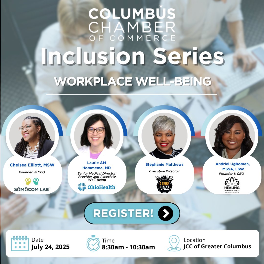 Join us July 24 at 8:30AM for Inclusion Series: Workplace Well-Being 🧠💼 

Mental health is essential to employee success—but often overlooked. Hear from leaders &amp; advocates on how to create inclusive, psychologically safe workplaces. 

Register: columbus.org/events/inclusi…