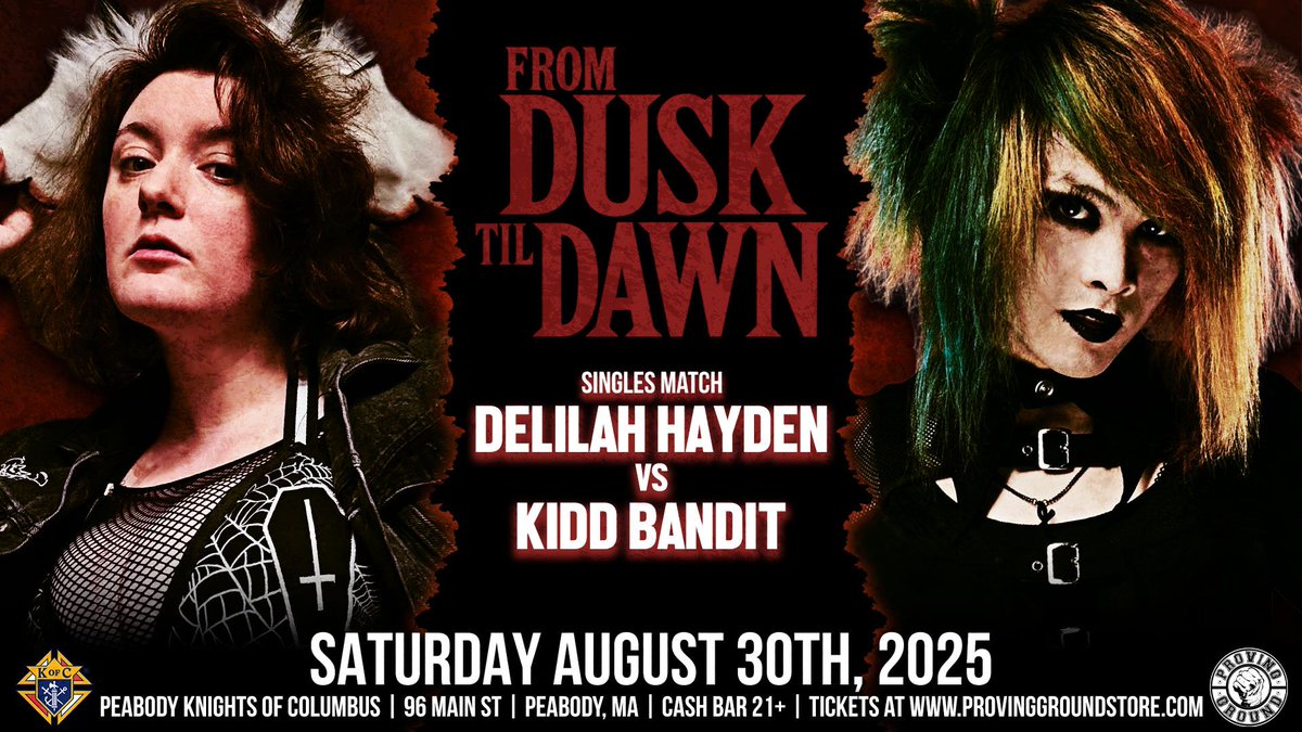 ProvingGroundNE's tweet image. 🚨 Match Announcement 🚨
"The Temptress" Delilah Hayden will step into the ring with KIDD BANDIT at Proving Ground's From Dusk Til Dawn on Saturday August 30th Live from the Peabody Knights of Columbus!
🎟️ Tickets are on sale now at ProvingGroundStore.com 🎟️