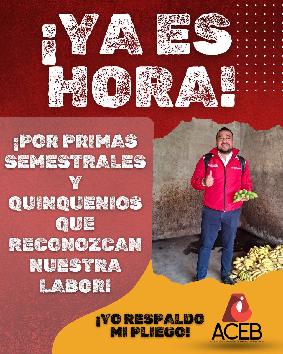 📢¡Es hora de reconocer la labor de los trabajadores!
Las primas semestrales/quinquenios NO son un lujo, son una forma de valorar la permanencia y el esfuerzo de los trabajadores
En el pliego de peticiones, ACEB y Asefinco exigimos que Bancamía reconozca el trabajo con dignidad.