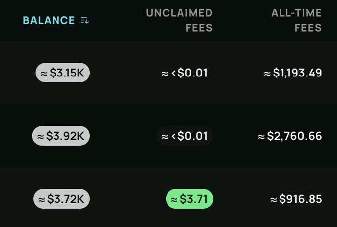 Screenshot of Meteora AG DLMM pool fees showing balances and earnings