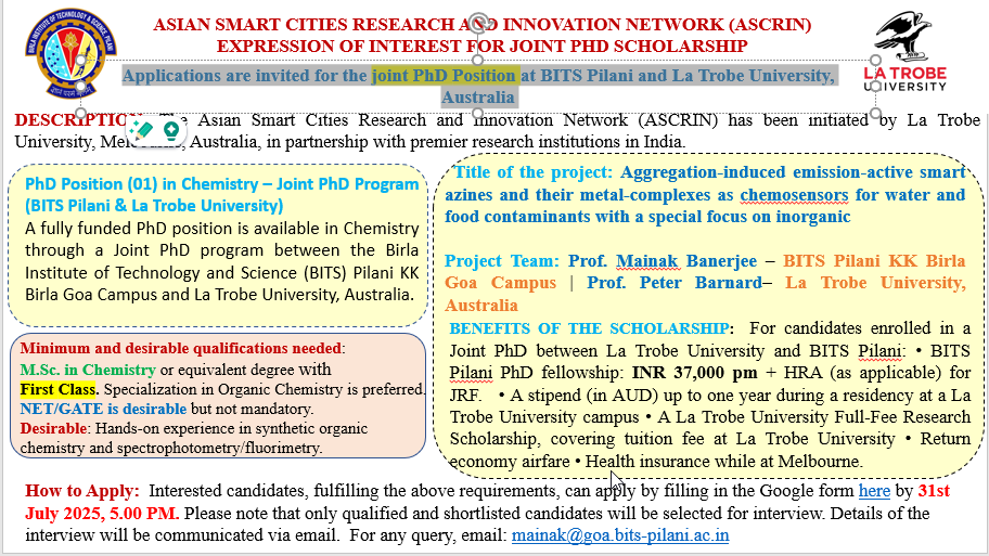 MainakGCMS's tweet photo. Applications are invited for the joint PhD Position at BITS Pilani and La Trobe University, Australia. Please see the details below. Application link: https://t.co/rAarrkRysN
[also see: https://t.co/P9GZbeN2S5] https://t.co/DYtrwQp5Pc