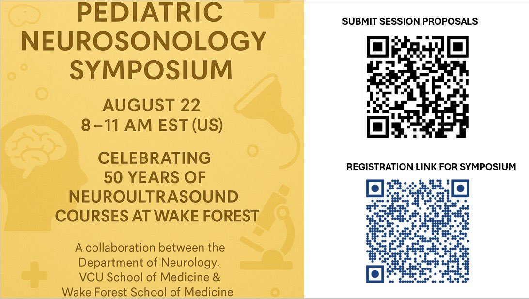 Save the date for Pediatric Neurosonology Symposium.  Aug 22, 2025 . Time 8-11 AM EST(US)
Session proposals: forms.gle/HEH523S4bpf9r5…     Deadline Aug 1
Registration link: vcuhealth.zoom.us/webinar/regist…
Virtual complimentary webinar. No CME. <a href="/PNCRGtweets/">PNCRG🧠</a> #NeuroPICU