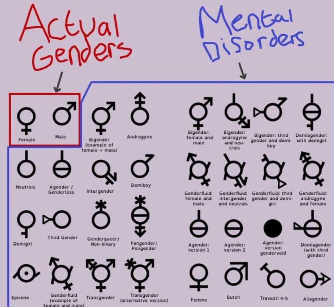For anyone still confused about their gender, let me help. 

If your gender symbol looks like a pretzel, a traffic sign, Covid 19 or something from a Mayan calendar… it’s not a gender. It’s a mental disorder.  You’re welcome.