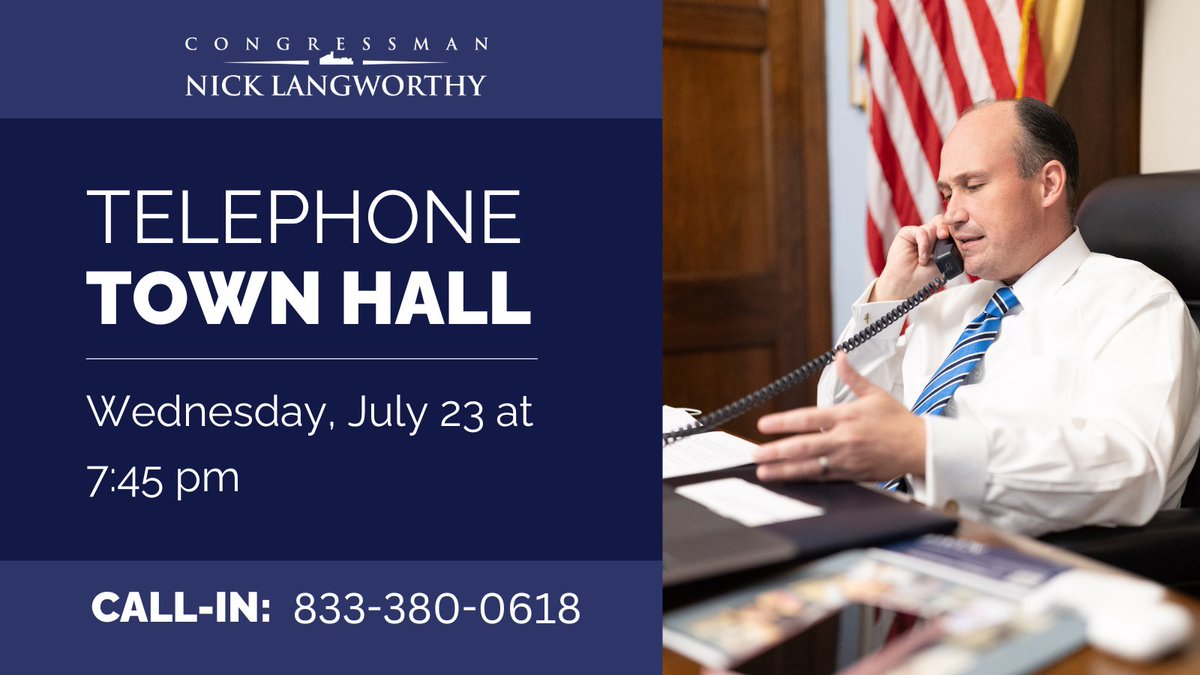 RepLangworthy's tweet image. ☎️ On Wednesday, July 23rd I will hold my monthly telephone townhall at 7:45 pm EST. I look forward to updating you on my work in Washington and taking your questions.