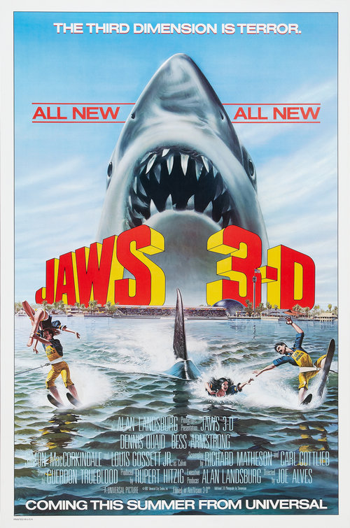 LASTEXITshirts's tweet image. 'Jaws 3-D' came out of the screen at us 42 years ago today.
I thought this was the best film ever when I saw this at age 9, you'll be unsurprised to know it doesn't hold up .
Did you know it was originally going to be a comedy called 'Jaws 3 - People 0'?
- Jamie