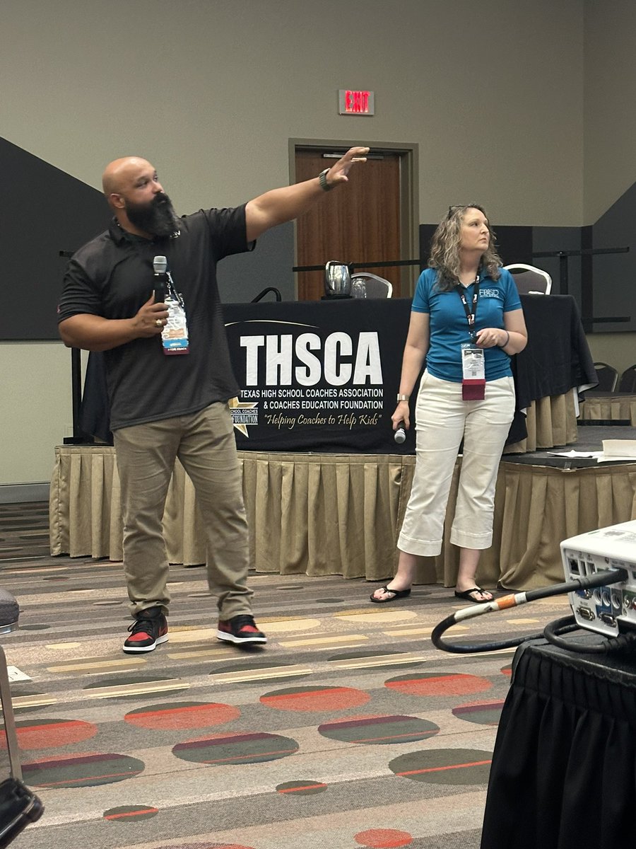 FBISDAthletics's tweet image. The leader of the Dream Team presenting with Coach Mackey on the Texas Way and sharing how FBISD promotes playing the Texas Way! @THSCAcoaches @FortBendISD @DScott713