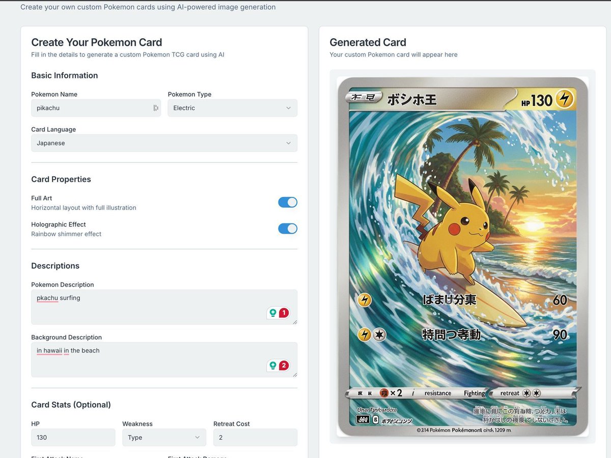 Xavidop's tweet image. 🚨 Create your own custom Pokémon cards using AI! 🧠⚡

I built a tool that lets you auto-generate Pokémon cards with:
✨ Full art &amp;amp; holographic effects
🌐 Custom names, types, languages &amp;amp; backgrounds
🏄 Imagen 4 Ultra for ultra high-quality visuals
🧩 Powered by Genkit and built…