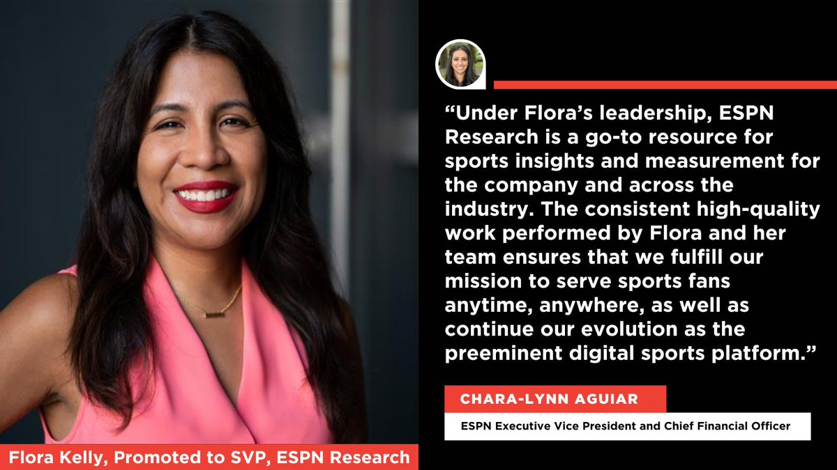 ESPNPR's tweet image. ESPN promotes Flora Kelly (@ESPNFlora) to Senior Vice President, ESPN Research
More on Kelly: bit.ly/45cH6h3
