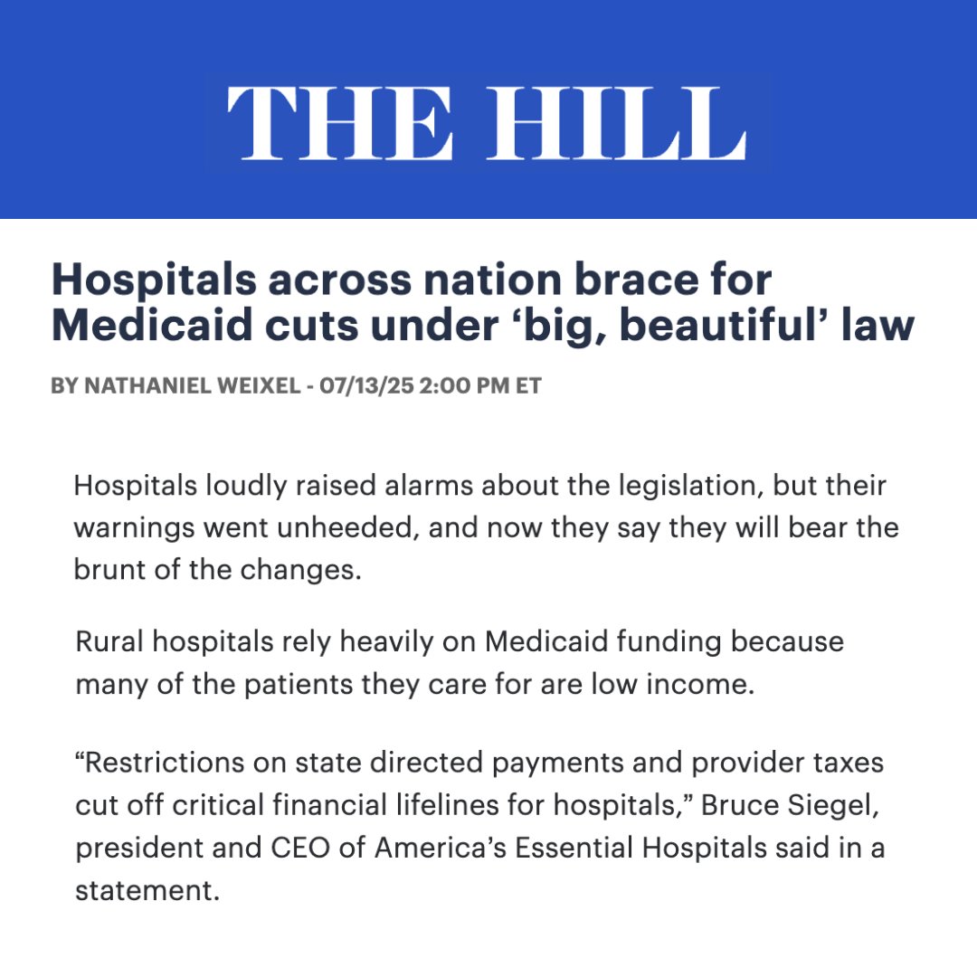 HealthEdProject's tweet image. Rural hospitals already operate on razor-thin margins. Starting late next year, they’ll be facing massive funding cuts due to Congress’s “big beautiful bill.”
This isn’t just an attack on our hospitals. It’s an attack on our health, communities, and families.…
