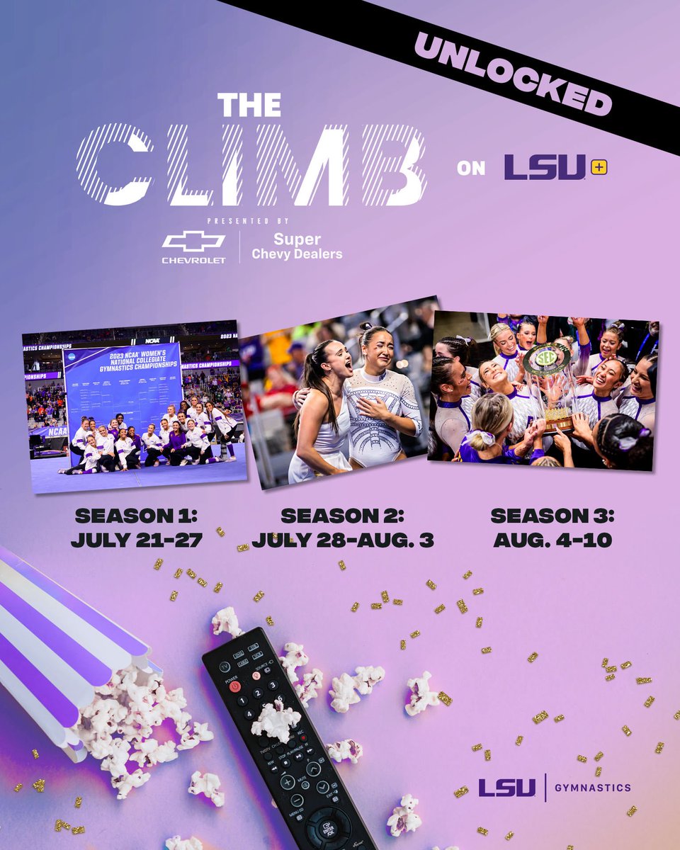 LSUgym's tweet image. Three weeks of our favorite moments for free🍿
Mark your calendars to rewatch each season of “The Climb” while it’s unlocked on @LSU_plus, starting with season one today!