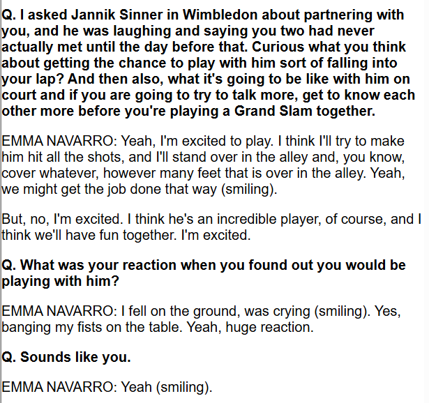BenRothenberg's tweet image. Emma Navarro had jokes today in Washington when I asked her about partnering with Jannik Sinner in the #USOpen's newfangled mixed doubles event.