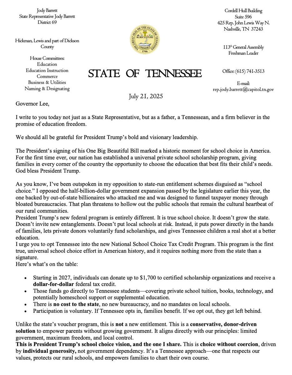 JodyBarrett4TN's tweet image. As a homeschool father of three, I have always supported the concept of school choice and parental control. Unfortunately, I found myself at odds earlier this year with colleagues in the General Assembly regarding Governor Lee’s government-controlled, taxpayer-funded voucher…