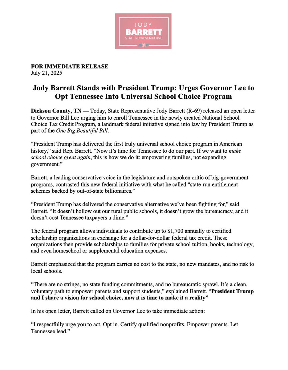 JodyBarrett4TN's tweet image. As a homeschool father of three, I have always supported the concept of school choice and parental control. Unfortunately, I found myself at odds earlier this year with colleagues in the General Assembly regarding Governor Lee’s government-controlled, taxpayer-funded voucher…