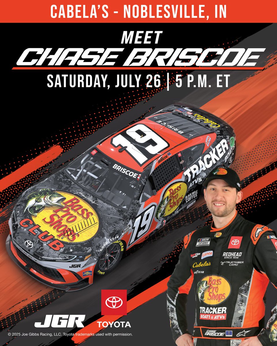 JoeGibbsRacing's tweet image. Calling all Chase Briscoe fans! It's time for a meet and greet!
📍Cabela's in Noblesville, IN
🗓️ Saturday, July 26th
⏰ 5pm ET
@BassProShops @chasebriscoe