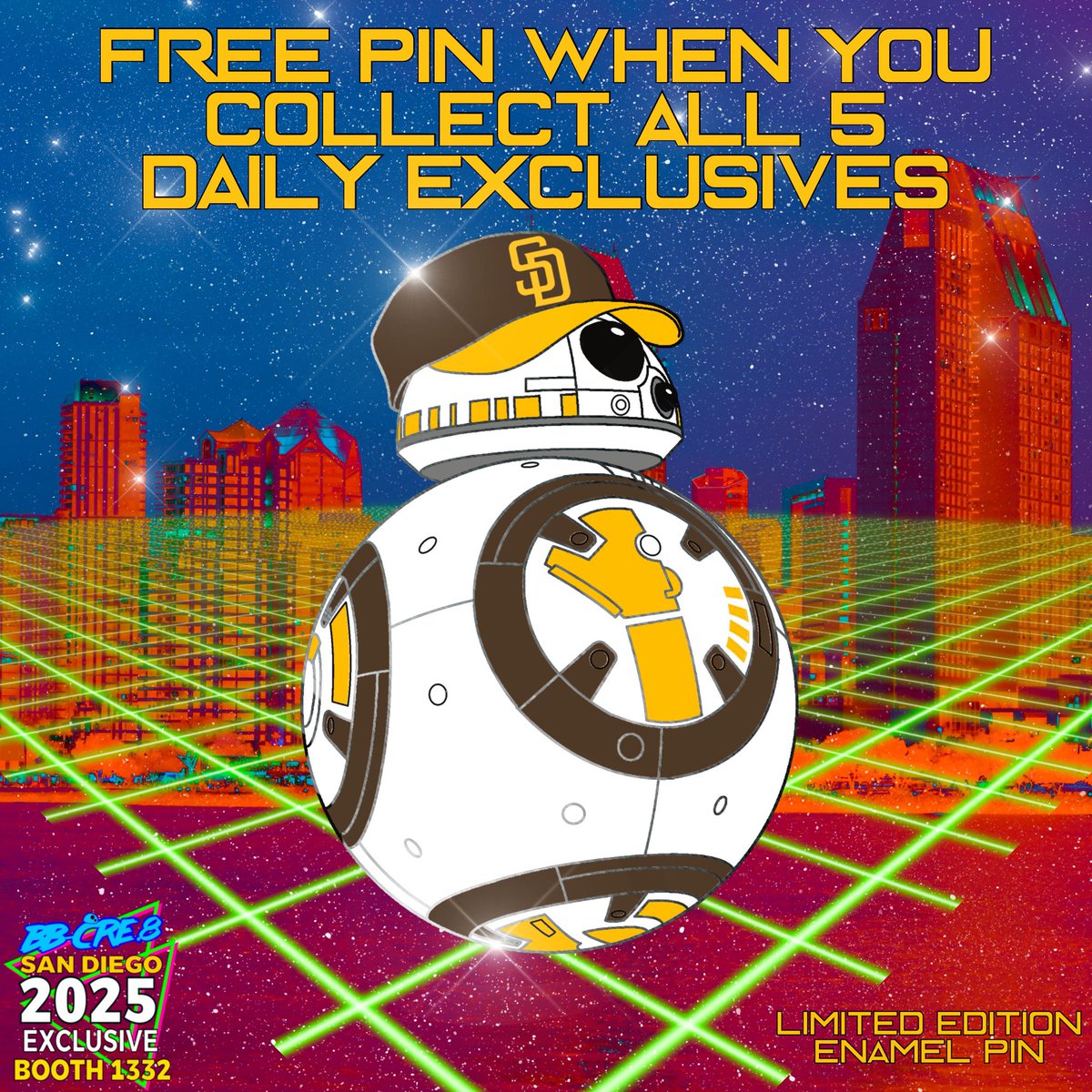 bb_cre8's tweet image. We love giving out FREE stuff!
You’ll be rewarded with our BB-8 special Padre Colorway enamel pin when you collect all of our dailies! Only at BOOTH 1332 during #SDCC2025!