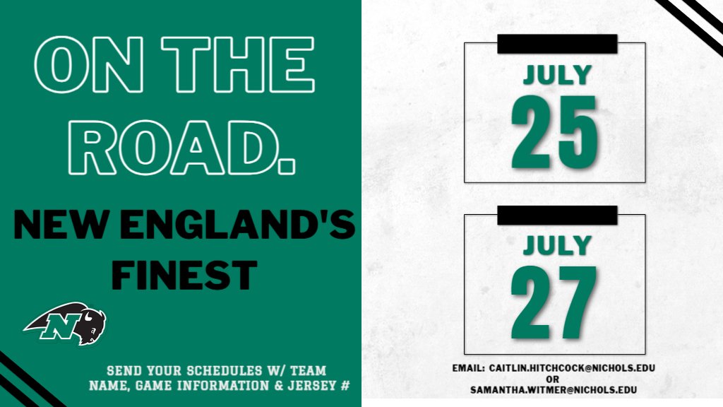 Nichols Softball (@ncbison_sball) on Twitter photo ๐๐จ On the Road Again!
We're heading to New England's Finest in Plainville, MA this weekend! ๐ฅ๐
We'll be on the lookout for Future Bison ๐ฆฌโso donโt forget to send us your schedules!
#FutureBison
๐ง Email us at:
Caitlin.Hitchcock@nichols.edu
Samantha.Witmer@nichols.edu ๐๐จ On the Road Again!
We're heading to New England's Finest in Plainville, MA this weekend! ๐ฅ๐
We'll be on the lookout for Future Bison ๐ฆฌโso donโt forget to send us your schedules!
#FutureBison
๐ง Email us at:
Caitlin.Hitchcock@nichols.edu
Samantha.Witmer@nichols.edu