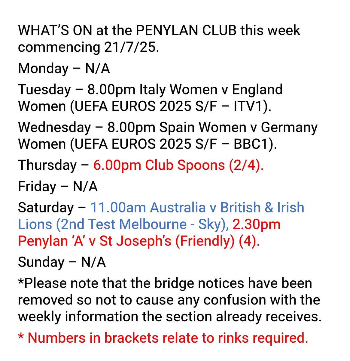 What's on at the Penylan Club w/c 21/7/25.