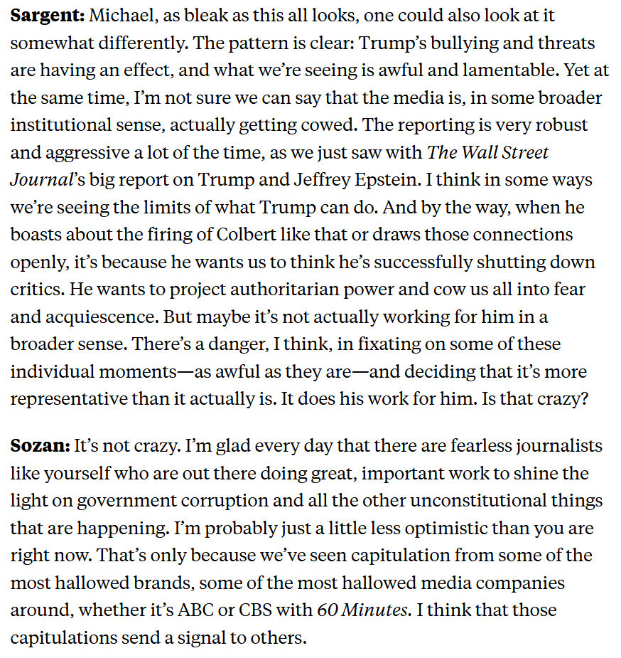 GregTSargent's tweet image. Great point from @michaelsozan on the pod: Battling Trump requires making the case not just that we can weather his authoritarianism, but also that we can emerge from it unbowed and stronger. Key to breaking the spell he's casting.
Our exchange on this:
newrepublic.com/article/198151…