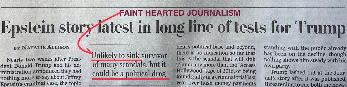 FAINT HEARTED JOURNALISM AT THE WP - saying it’s “unlikely” that Epstein will bring down Trump - blunting the story line to favor Trump; begging the question - Is “Democracy dying in Cowardly predictions” at the Washington Post, Natalie - unsupported in the present context?