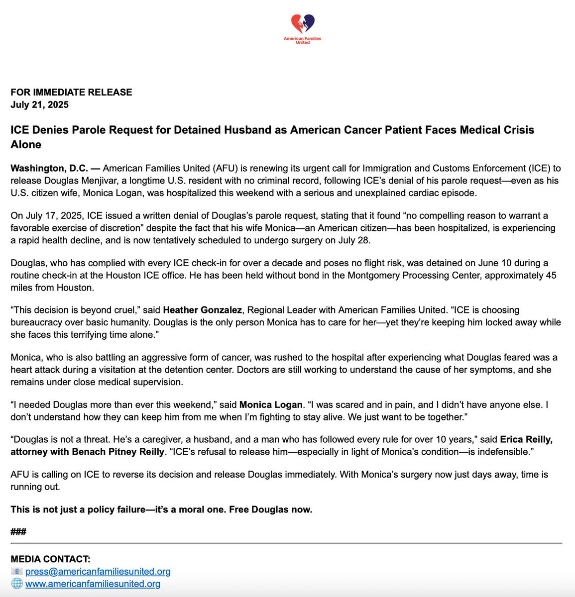 ackocher's tweet image. ICE Denies Parole Request for Detained Husband as American Cancer Patient Faces Medical Crisis Alone — from American Families United