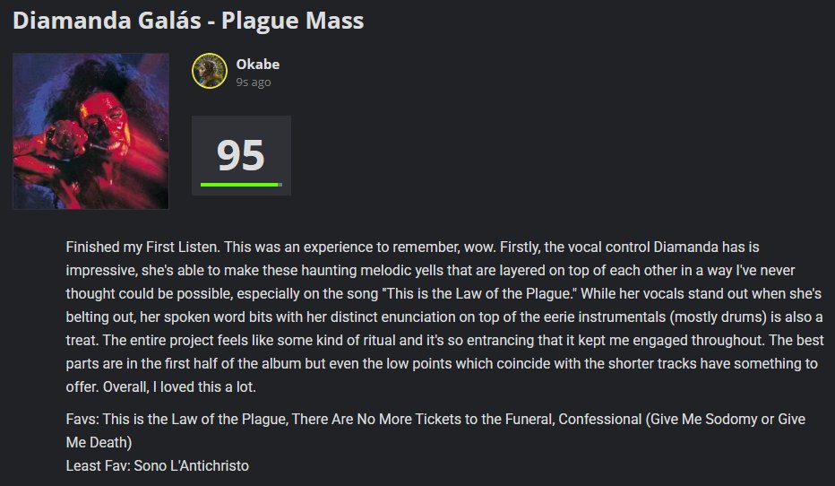 Arijork_'s tweet image. Finished my First Listen Of:
Diamanda Galás
Plague Mass
9.5/10