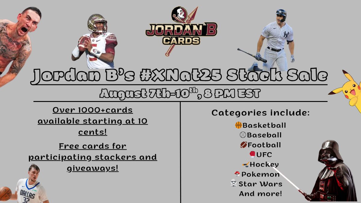 🚨 Jordan B’s #XNat25 Stack Sale is HERE! 🚨
🗓️ August 7–10 | 🕗 8 PM EST Nightly
🔥 4 Nights of Card Madness You Won’t Want to Miss! 🔥
🎯 1,000+ Cards | Starting at just 10¢
🏀 ⚾ 🏈 🥋 🎴 🌌
 Basketball • Baseball • Football • UFC • Pokémon • Star Wars &amp; More!

🎁 Free