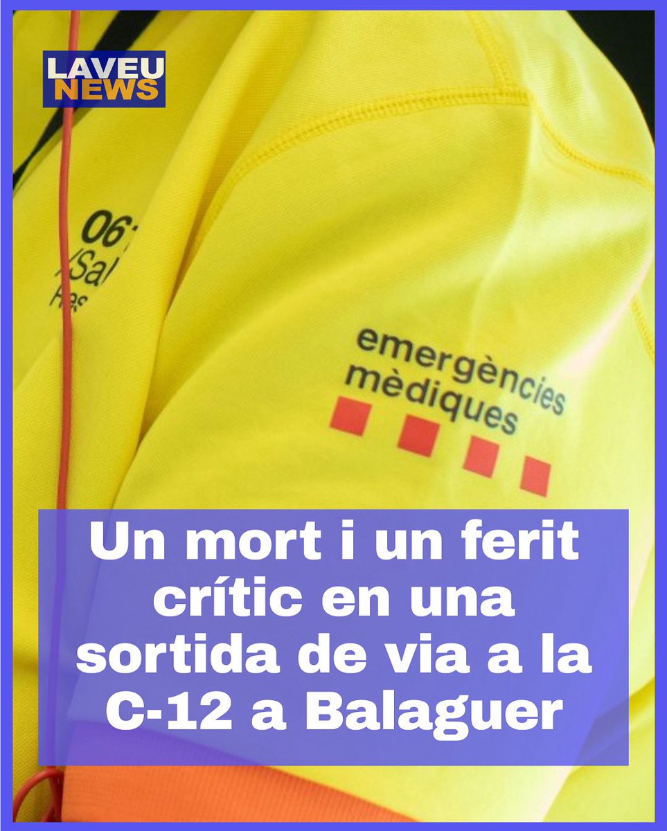 LA VEU de Lleida (@laveudelleida) on Twitter photo #laveunews: Accident mortal a la C-12 a #Balaguer. Un vehicle ha sortit de la via i ha caigut d’uns 10-15 m. Una persona ha mort i una altra estĂ crĂtica, traslladada a l’<a href="/harnaulleida/">Hospital Universitari Arnau de Vilanova</a>. Ja sĂłn 83 les vĂctimes a les carreteres catalanes aquest 2025. #laveudelleida #Lleida #laveunews: Accident mortal a la C-12 a #Balaguer. Un vehicle ha sortit de la via i ha caigut d’uns 10-15 m. Una persona ha mort i una altra estĂ crĂtica, traslladada a l’<a href="/harnaulleida/">Hospital Universitari Arnau de Vilanova</a>. Ja sĂłn 83 les vĂctimes a les carreteres catalanes aquest 2025. #laveudelleida #Lleida