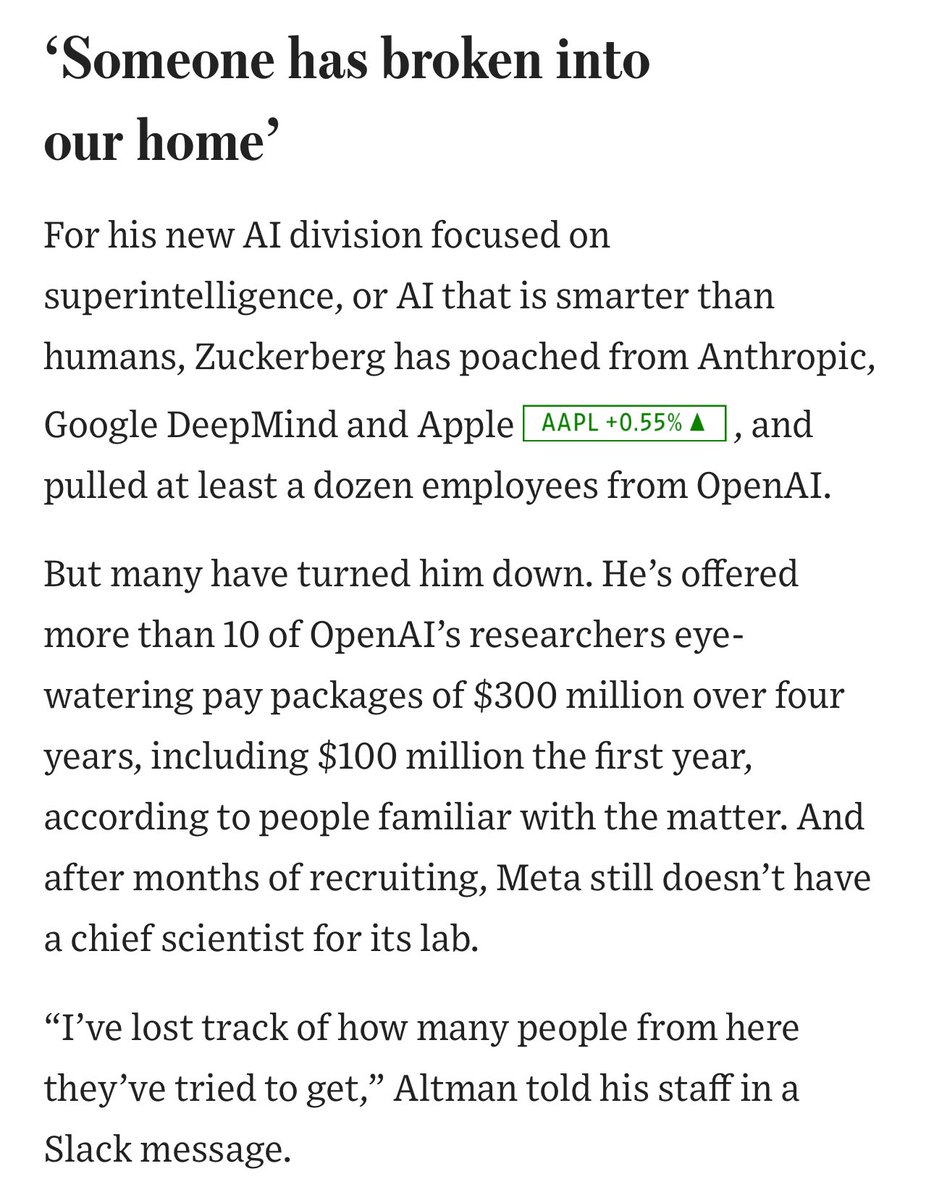 amitisinvesting's tweet image. ZUCKS IS GOING AFTER SUPER INTELLIGENCE WITH DEEP POCKETS.
Wall Street Journal is reporting that the pay packages are $300M over 4 years with $100M up front…
I don’t think as a society we have ever seen this type of money being thrown at a new technology…
$META $NVDA