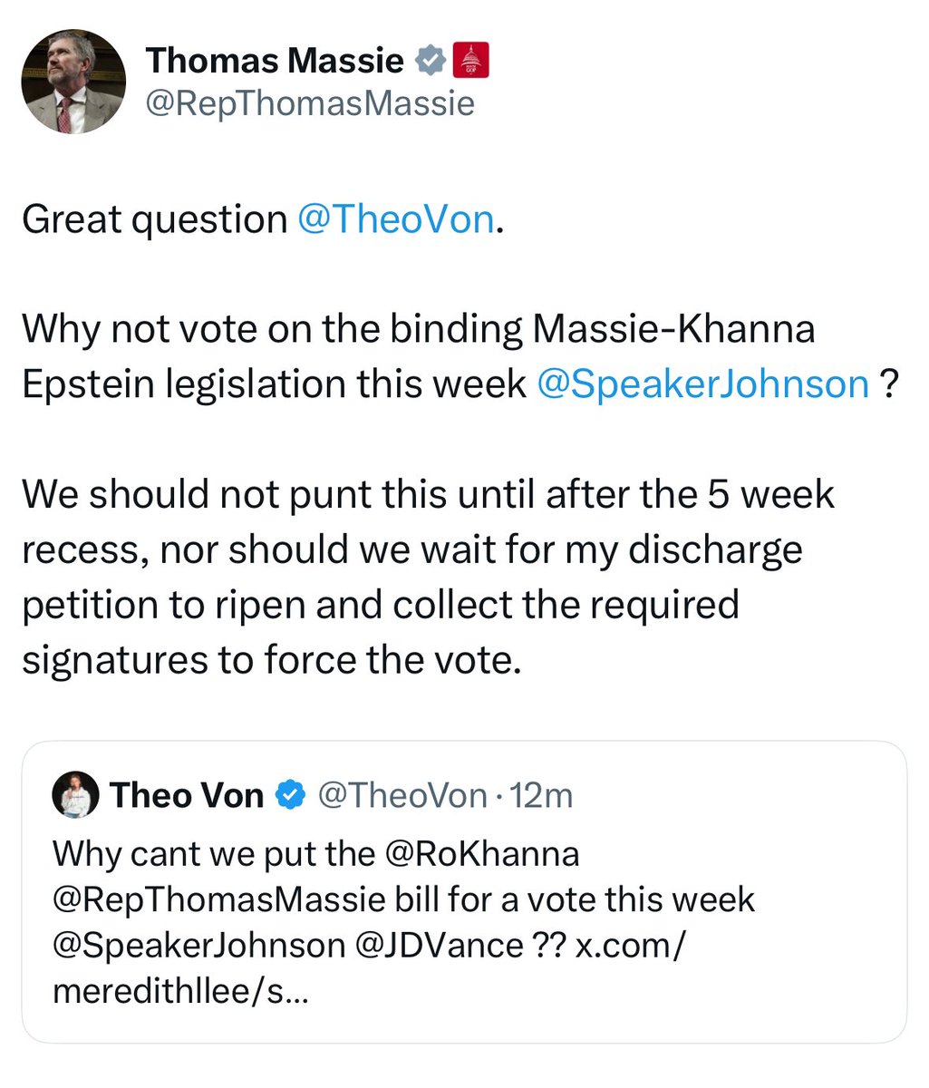 cami_mondeaux's tweet image. Increasing pressure on Speaker Johnson to tee up vote on Epstein-related resolutions. As of now, there is nothing on schedule this week to vote on Massie/Khanna resolution or the leadership-led resolution passed in Rules last week