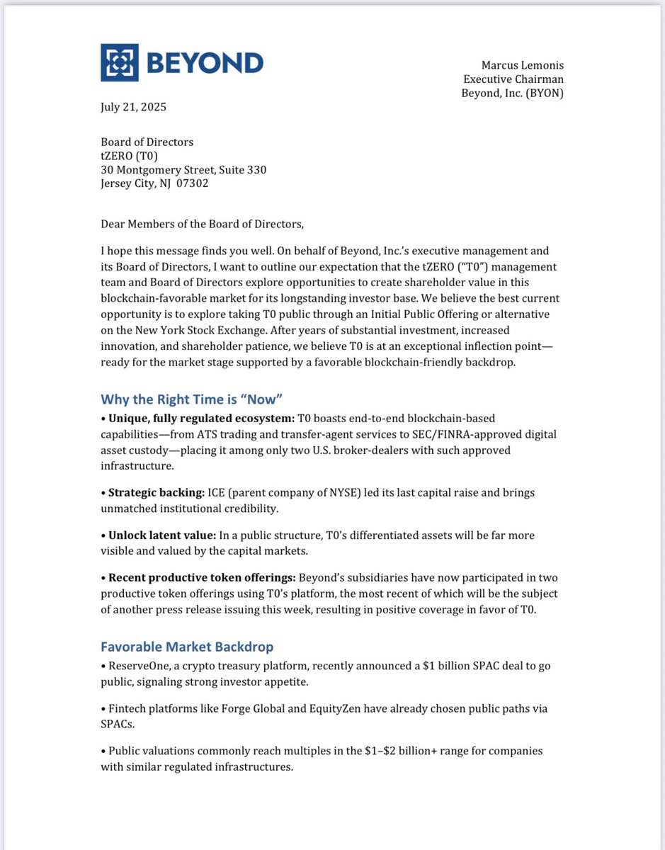 marcuslemonis's tweet image. Letter to Board of @tZERO
We $BYON believe in you and the business.
It’s time to move forward.