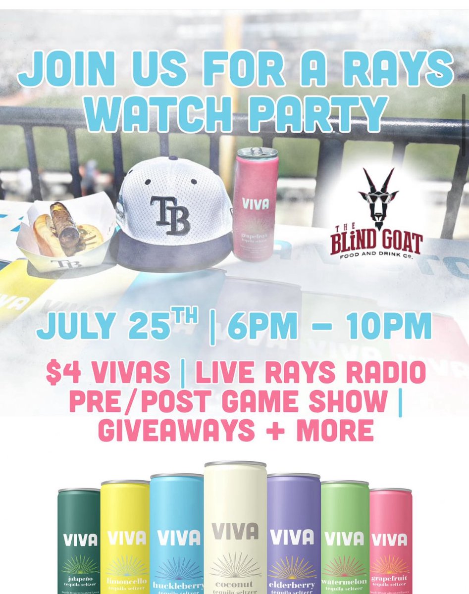 vivaseltzer's tweet image. Catch us at The Blind Goat in Tampa on July 25th, 6–10 PM for a @RaysBaseball
Watch Party.
🎙️ Rays Radio live pre + postgame
💥 Free stuff, games, trivia, spin the wheel + other surprises
🖊️ Autographed merch up for grabs
😮💨$4 Vivas — yes, really