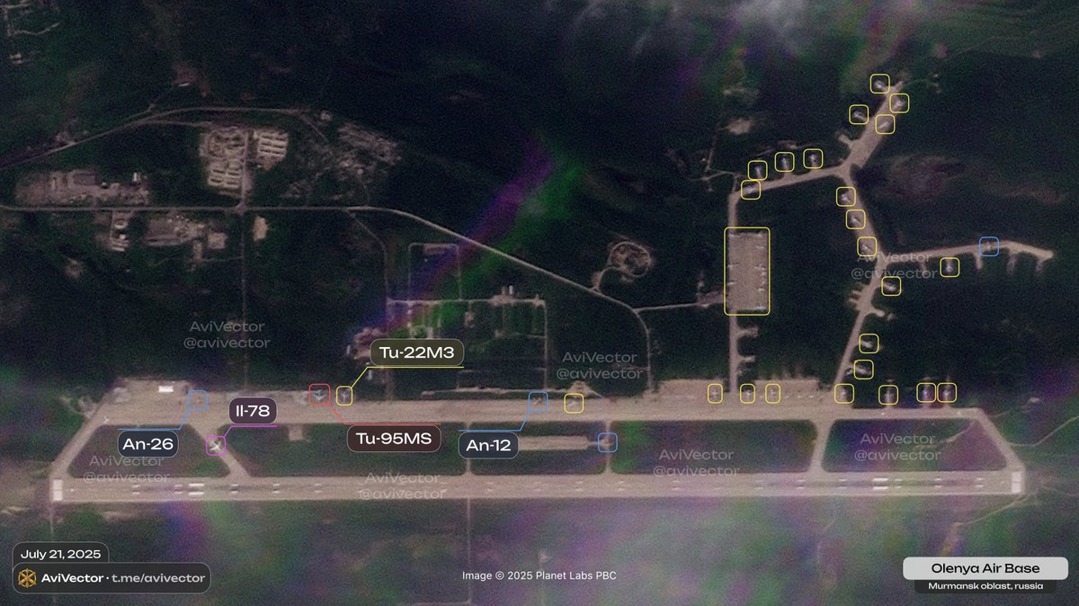 avivector's tweet image. 🔻Satellite images of 🇷🇺 Olenya Airbase as of July 21, 09:55 UTC
The airbase housed 1 Tu-95MS (Bear-H), 1 Il-78 (Midas), 33 Tu-22M3 (Backfire-C), 3 An-12 (Cub) and 1 An-26 (Curl).
During the night, two Tu-95MS took off from Olenya Air Base for a combat sortie, after which one…