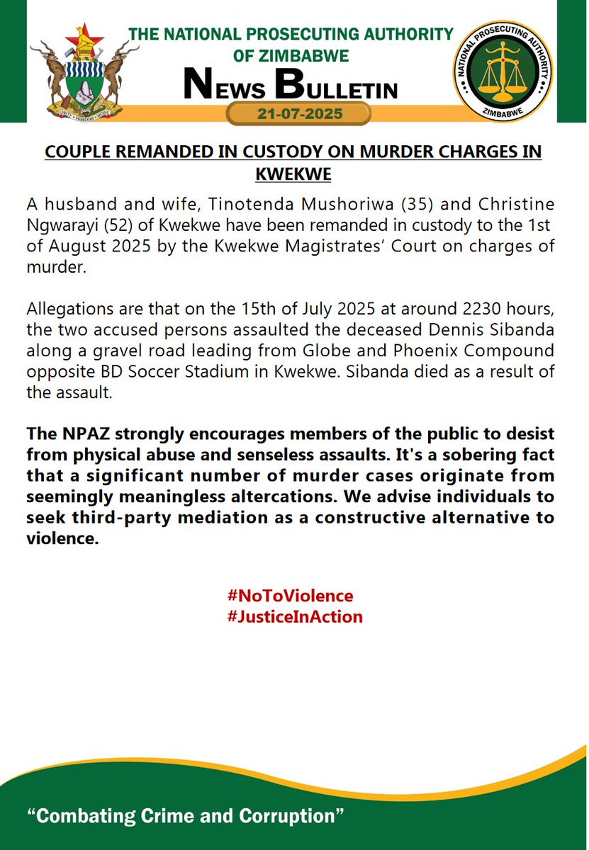 National Prosecuting Authority of Zimbabwe (@npazim) on Twitter photo Couple remanded in custody on murder charges
#CombatingCrimeAndCorruption
#NoToViolence
<a href="/3KtvZim/">3Ktv</a> <a href="/ChronicleZim/">The Chronicle</a> <a href="/DailyNewsZim/">@DailyNewsZim</a> <a href="/HeraldZimbabwe/">The Herald Zimbabwe</a> <a href="/yafmzim/">YAFM</a> <a href="/TheMirrorMsv/">The Mirror Masvingo</a> <a href="/gwasbuz/">george swarei</a> <a href="/nrtvzimbabwe/">NRTV</a> <a href="/capitalkfm/">Capitalk100.4fm</a> <a href="/StarFMNews/">Star FM News</a> Couple remanded in custody on murder charges
#CombatingCrimeAndCorruption
#NoToViolence
<a href="/3KtvZim/">3Ktv</a> <a href="/ChronicleZim/">The Chronicle</a> <a href="/DailyNewsZim/">@DailyNewsZim</a> <a href="/HeraldZimbabwe/">The Herald Zimbabwe</a> <a href="/yafmzim/">YAFM</a> <a href="/TheMirrorMsv/">The Mirror Masvingo</a> <a href="/gwasbuz/">george swarei</a> <a href="/nrtvzimbabwe/">NRTV</a> <a href="/capitalkfm/">Capitalk100.4fm</a> <a href="/StarFMNews/">Star FM News</a>