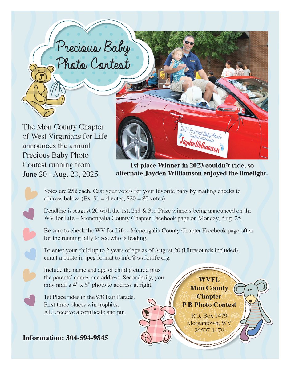 Ongoing since June 20 there is still not one Precious Baby Photo Contest entrant. The First Place baby rides in the Sept 8 Mon County Fair Parade in Morgantown, WV, in a convertible with parents. Contest will end on August 20 so hurry. All the rules are at buff.ly/WtCUR8f