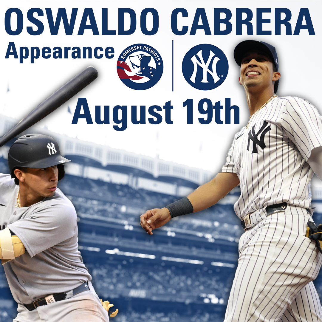 SOMPatriots's tweet image. Fan favorite @Yankees UTL Oswaldo Cabrera will appear at the 8/19 Somerset Patriots game to throw out a 1st pitch and meet fans for pictures and autographs.
Cabrera starred for Somerset in 2021 and was the league MVP in his lone season at Double-A.
ℹ️ | bit.ly/414CHdJ