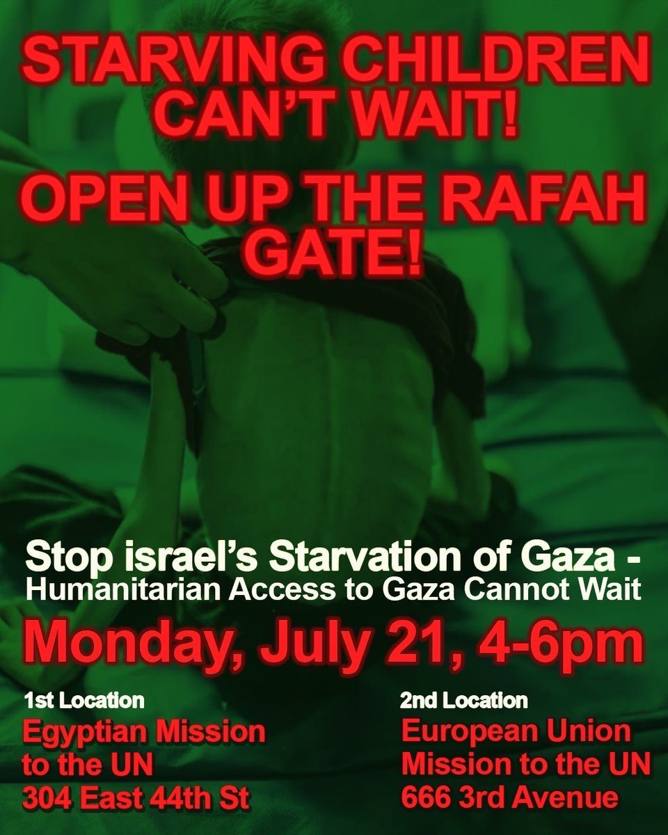 PAL_Awda's tweet image. 🚨AUTONOMOUS ACTION: Protest to Demand Humanitarian Aid be Delivered Immediately🚨
🗓️: Today, July 21st - 4pm-6pm
📍 1st - Egyptian Mission to UN
304 East 44th St, NY 10017
2nd - European Union Mission
666 3rd Ave
Gaza is starving. Palestinians are dying - not only from the…